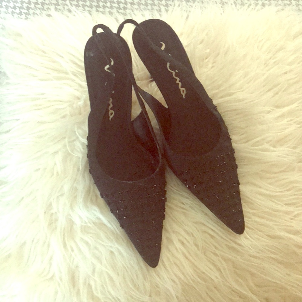 Black Satin sequin sling back shoe